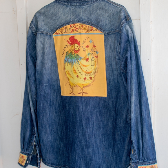 Levi's Tops - Upcycled Levi Strauss Jean Denim XL Shirt With Rooster, Southwestern, Boho